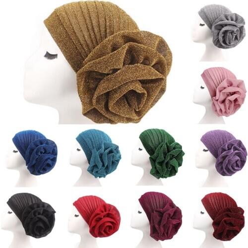Women Shinr Silve Gold Flower Knot Turban Muslim Turban Hat Ready To wear Hijab Cap Muslim Headdress Women Muslim Hijab caps