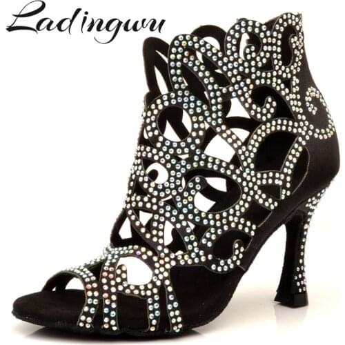 Ladingwu Brands Latin Dance Shoes Laser Engraved Rhinestone Professional Dance Shoes Customizable Colors Salsa Dance Shoes