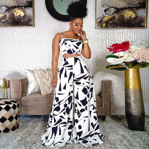 Geometric Pattern Two Piece Tracksuit Women Elegant Spaghetti Strap Backless Crop Top and Loose Wide Leg Trouser Co Ord Outfit