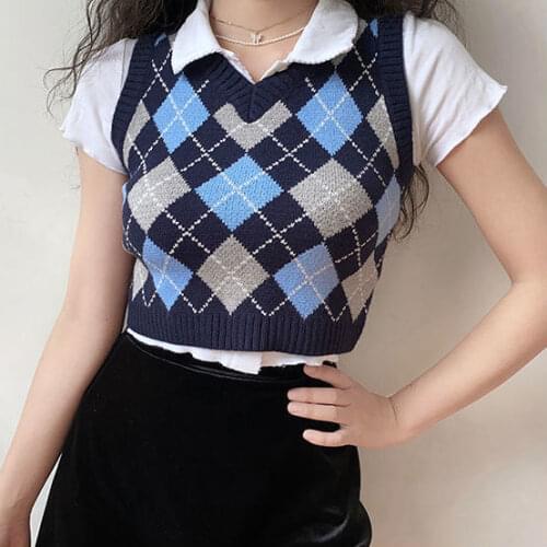 Women Sweater Vest Short Pullover V-neck Rhombus Plaid Knitted Vest Womens Sleeveless Blouse Outer Wear