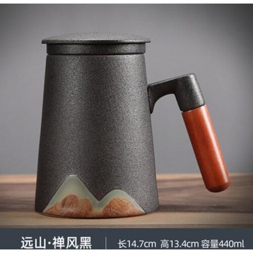 440ml Ceramic Mug Retro Coffee Cup Office Water Cup Filter Tea Cup with Cover Cups and Mugs Wooden Handle Birthday Gift Box