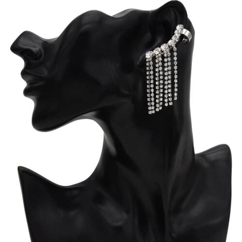 Bohemian Gothic Crystal Rhinestone Long Tassel Ear Cuff Clip on Earrings for Women Lady Cocktail Party Jewelry Bijoux Femme