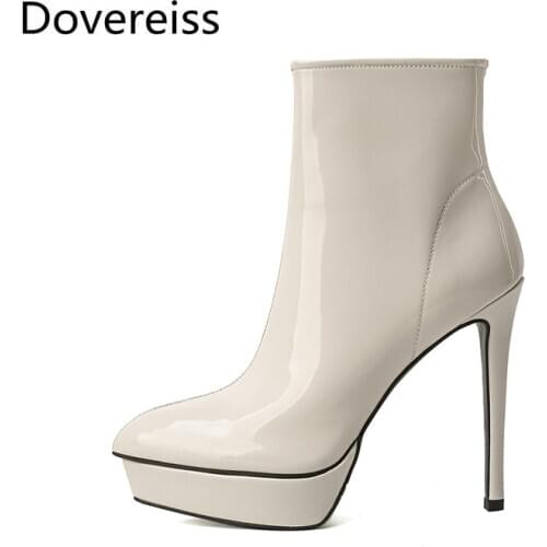 Dovereiss Fashion Womens Shoes Winter new Elegant Pure color Zipper beige Waterproof sexy Stilettos heels Ankle boots 33-41