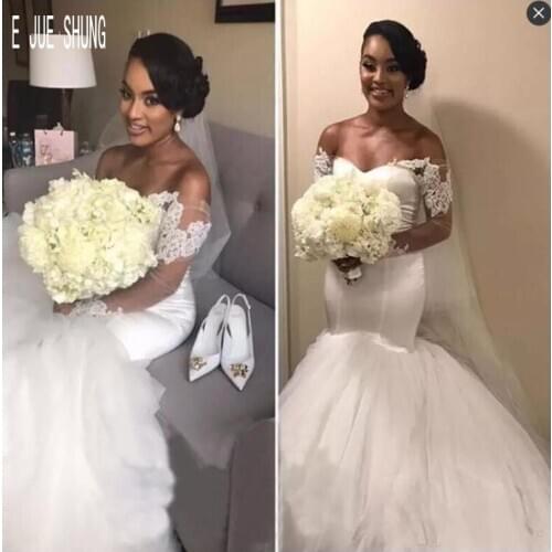 E JUE SHUNG New Elegant Mermaid Wedding Dresses Illusion Long Sleeves Off Shoulder African Wedding Bridal Gowns vestido de noiva