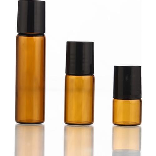 50pcs/lot 1ml 2ml 3ml 5ml Amber Perfume Glass Roll on Bottle with Glass/Metal Ball Brown Roller Essential Oil Vials