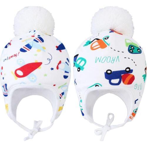 Cotton Printed Fleece Baby Hat Aircraft Car Adjustable Elasticity of Tie for Newborn Kids Winter Warm Pompom Ball Caps