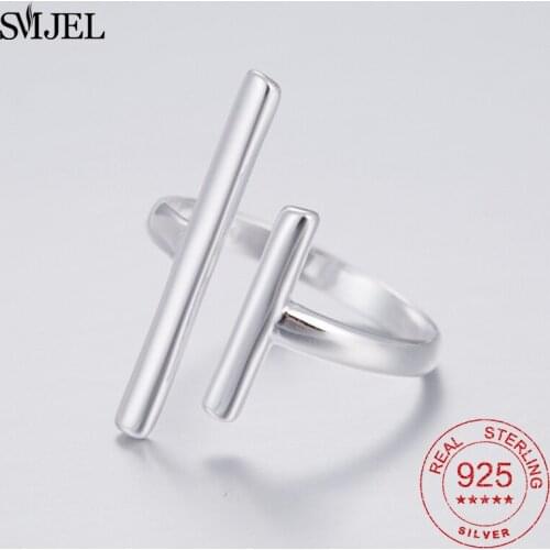 Genuine 925 Sterling Silver Minimalist Geometric Bar Round Opening Ring For Women Cute Party Fine Jewelry Gifts Cuff Finger Ring