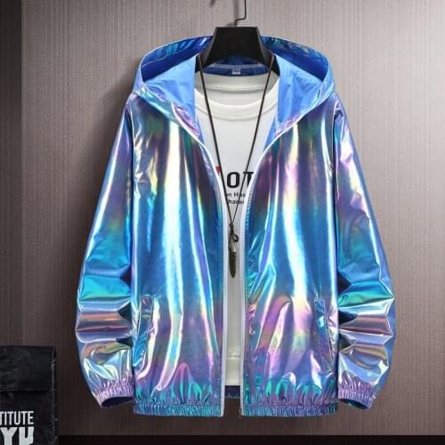Summer Glossy Bomber Jacket Coat Men Gradient Hooded Sun Protection Clothing Fashion Thin Outerwear Windbreaker Male Plus Size