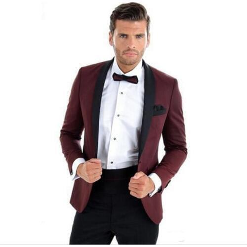 Burgundy Mens Wedding Tuxedos Black Lapel Groom Groomsmen Tuxedos Popular Man Blazers Jacket Excellent 2 Piece Suit(Jacket+Pants