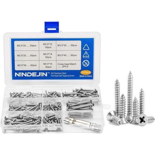 NINDEJIN 242Pcs M3.5 Screw Set Stainless Steel Flat Head Screw Self-tapping Screw Phillips Wood Screws Kit Screw Thread