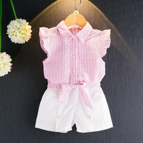 2021 Summer New Girls' Suit Striped Shirt Childrens Two-Piece Suit Short Sleeve Pullover Shorts Casual Childrens Clothing