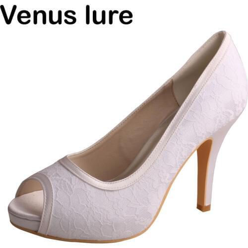 Venus lure Custom Handmade Open Toe White Lace Shoes Wedding for Bride High Heeled
