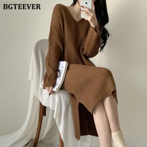 BGTEEVER Casual V-neck Loose Female Long Knitted Dress Full Sleeve Side Split Autumn Winter Women Sweater Dress Vestidos