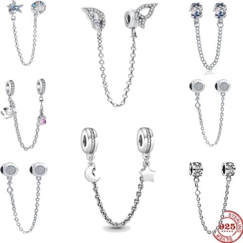 Silver 925 Sparkling Clear Sparkle Flower Safety Chain Charm Bead Fit Original Pandora Bracelet Pendant DIY Jewelry For Women