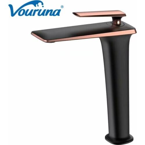 VOURUNA Rose Golden&Black Single Lever Tall Bathroom Faucet Lavatory Basin Sink Mixer Tap New Arrival