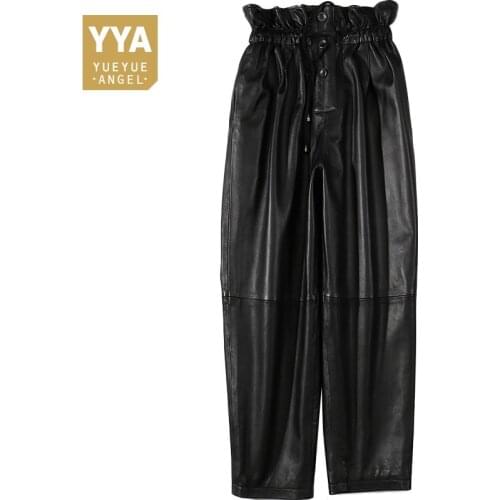 Women Pants Genuine Sheepskin Elastic Waist Black 2021 Winter New Fashion Real Leather High Waist Ladies Full Length Harem Pants