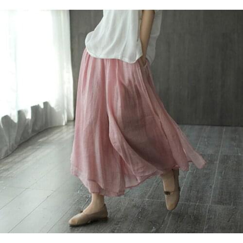 Women Summer Linen Elastic Waist Solid Color Double Layer Pants Ladies Vintage Loose Flax Pants Female Wide Leg Trousers 2020