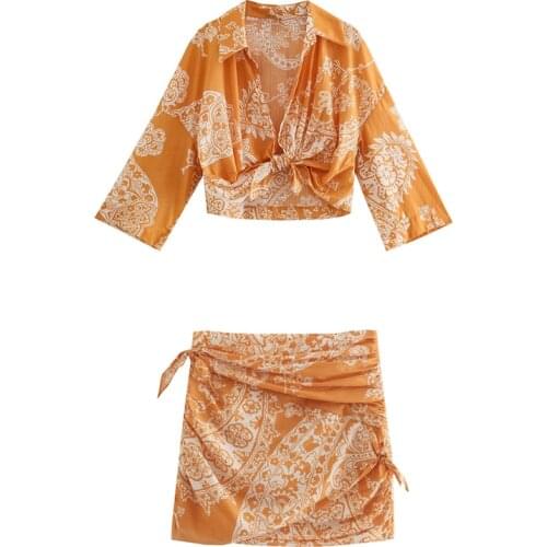 SheMujerSky Women Orange Color Bohemian Print Tops And Skirts Matching Set 2021 Long Sleeve Cropped Top Mini Skirt 2 Pcs Set