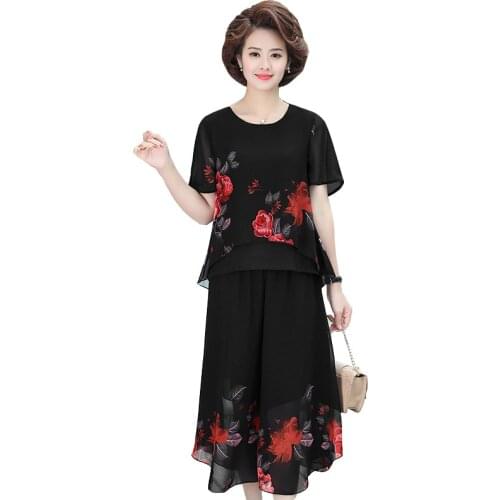 Mommy summer suit womens loose short-sleeved T-shirt middle-aged womens chiffon skirt pants plus size print two-piece suit