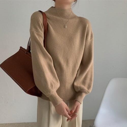 Women Casual Sweaters New Arrival 2021 Autumn Korean Style Mock Neck Solid Color Loose Female Long Sleeve Knitted Pullovers W566
