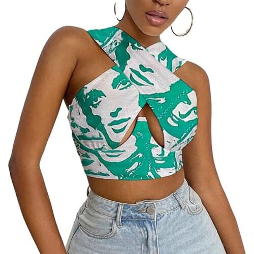 Women Strappy Cross Over Front Cut Out Halter Neck Sleeveless Backless Crop Top Printed Vest Summer Sexy Tops Woman Clothes