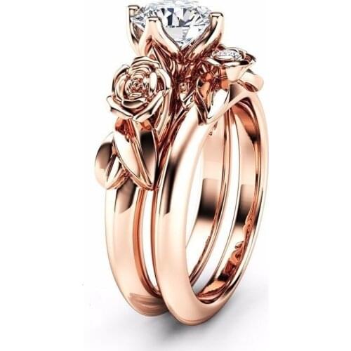 Rose Gold Flower Crystal Two-piece Ring Elegant Temperament Female Wedding Factory Wholesale