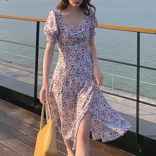 Purple Floral Dress Spring and Summer Womens Dress 2021 New Floral Dress Womens Summer and Korean First Love Sexy Dress