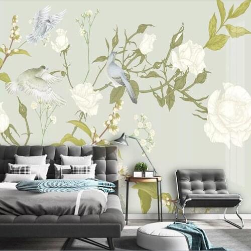 Milofi custom 3D wallpaper mural Nordic hand-painted medieval tropical plants flowers and birds living room background wall home