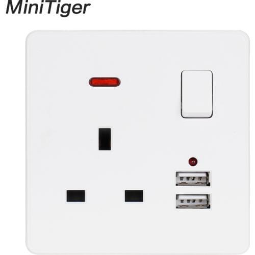 Minitiger White Wall Power Socket 13A UK Standard Switched Outlet 2.1A Dual USB Fast Charger Port LED indicator