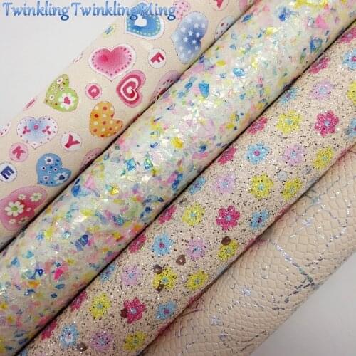Glitter Fabric, Glitter Leather with Flowers, Hearts Printed Faux Fabric Sheets For Bow A4 21x29CM Twinkling Ming XM016A