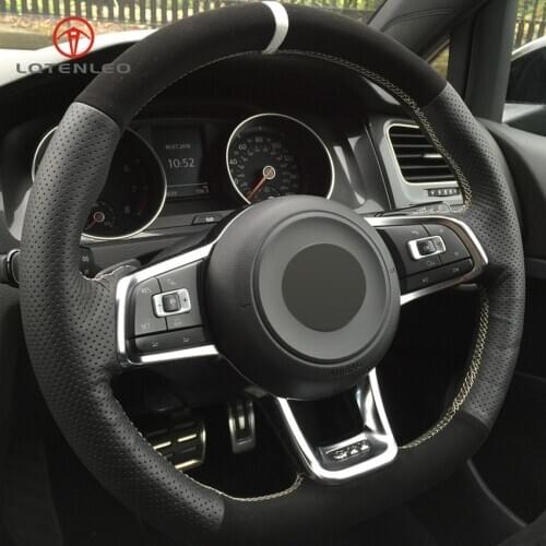 LQTENLEO Steering Wheel Cover Black Genuine Leather Suede for Volkswagen Golf 7 GTI Golf R MK7 VW Polo GTI Scirocco 2015 2016