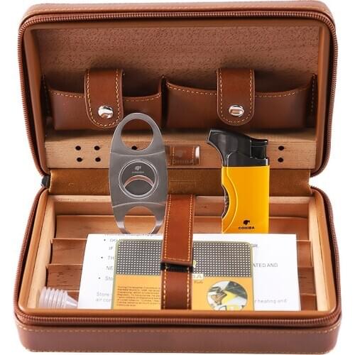Cohiba Cedar Wood Cigar Humidor Travel Portable Leather Cigar Case Cigars Box With Lighter Cutter Humidifier Humidor Box