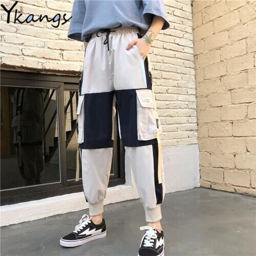 Joggers Women Spliced Elastic High Waist Cargo Pants Harajuku Streetwear Harem Pants Gothic Sweatpants for Women Casual Trousers