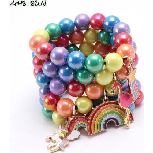 MHS.SUN Summer Style Kids Colorful Beads Chunky Bracelet Elastic Baby Girls Beaded Bangles With Charming Pendant Fashion Jewelry