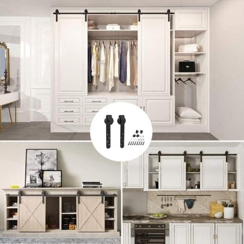 Sliding Barn Door Hardware Kits Cabinet Doors Rail Set Smooth Silent 4 Hole Hanging Wheels Anti-dropping Blocks Swing Stoppers