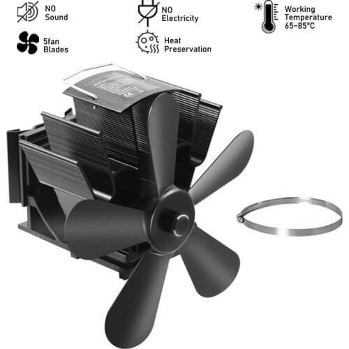 Black Fireplace 5 Blades Heat Powered Stove Fan Log Wood Burner EcoFriendly Quiet Home Fireplace Fan Efficient Heat Distribution