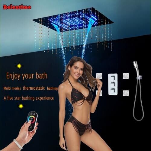 Crystal Pendant Shower System LED Ceiling Shower Head Bathroom Ducha Concealed Thermostatic Inwall Shower Set Faucet Massage jet
