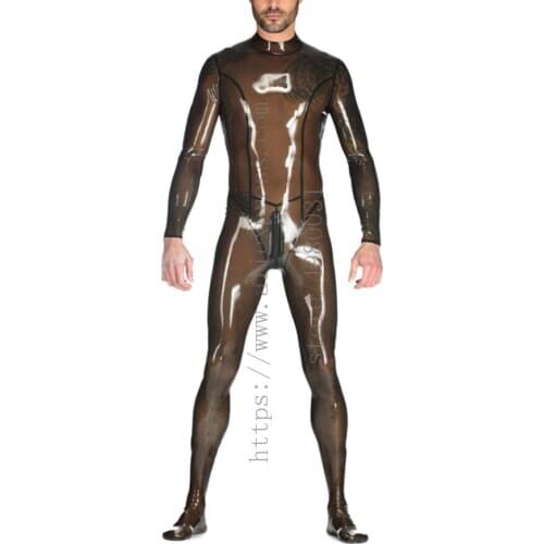 Cool transparent black mens long sleeve Fetish latex bondage catsuit with feet and attached back zipper to crotch design