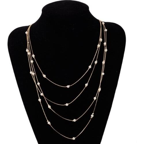 6pcs/lot)Fashion 4 layer golden tone Chain necklace with Pearl sweet girls deco items