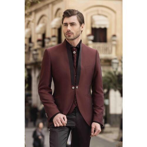 Fashionable Burgundy Groom Tuxedos Groomsmen Stand Collar Mens Suits Blazers (Jacket+Pants+Vest+Tie) W:975