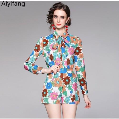 New Fashion Vintage Print Business Suit Spring Summer Womens Single-Breasted Floral Shirt Tops + Wide Leg Shorts 2 Piece Sets