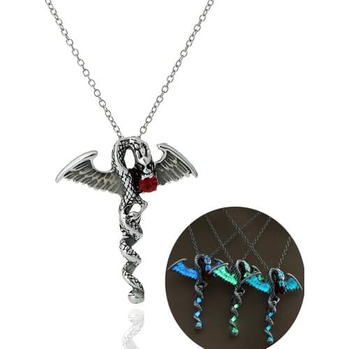 Gothic Dragon Punk Luminous Dragon Pendants & Necklaces Glow in the Dark Hallowmas jewelry Red Crystal Necklace For Women Men