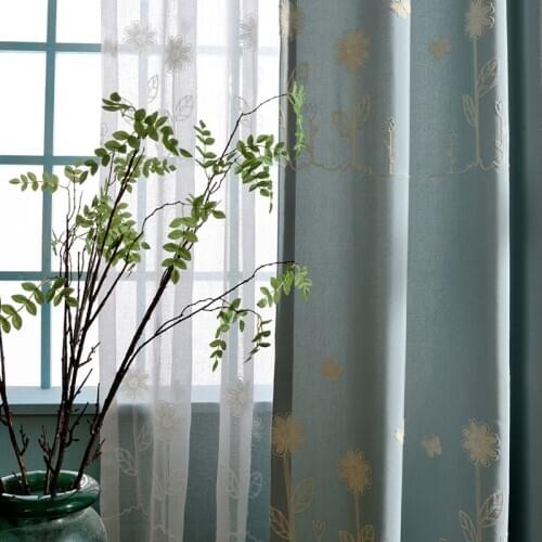 Garden Blue Curtains for Living Dining Room Bedroom Modern Minimalist Polyester Curtain Tulle Cotton Embroidery