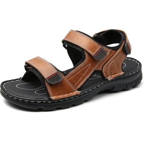 Hot Sale Summer Men Casual Shoes Hook and Loop Men Sandals Flat Comfortable Streetwear Men Genuine Leather Sandals Slippers Shoe