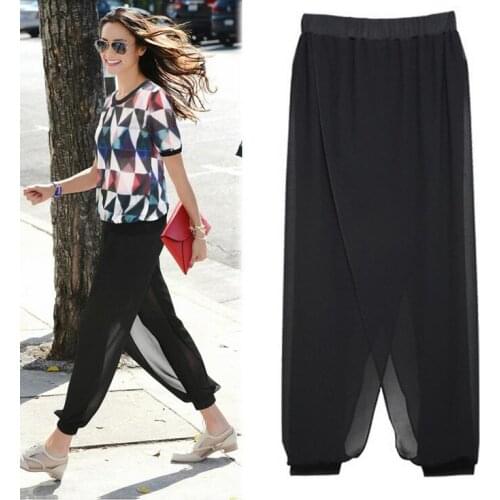 Chiffon Capris Womens 2021 Summer Elastic Waist Women Pants L - 5XL Plus Size Casual High Waist Loose Female Trousers Black