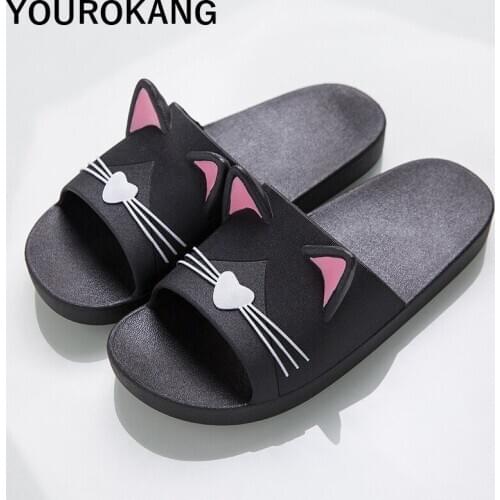 Woman Home Slippers Lovely Cute Cartoon Cat Female Flip Flops Non-slip Bathroom Sandals Badslippers Couple Shoes Lovers Slides