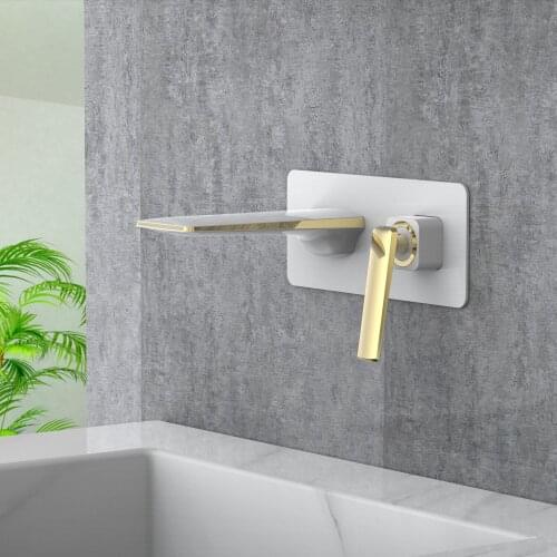 Modern Luxury Brass White Gold Lever Handle Wall Mounted Mixer Faucets Bathroom Waterfall Sink Basin Faucet Top Quality Faucet