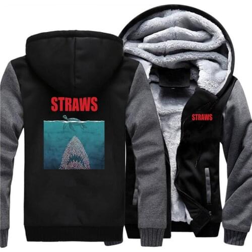 Straws Shark Funny Desgin Thick Coats 2020 Winter New Fleece Hoodies Sweatshirt Casual Hip Hop Mens Sportswear Warm Streetwear
