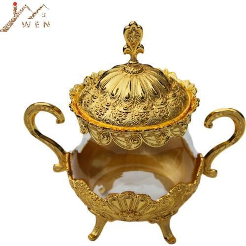 Unique European Style Gold/ Silver Finish Metal & Glass Salt/Sugar/Tea/Coffee Jars, High Quality Tableware Dinnerware Home Decor