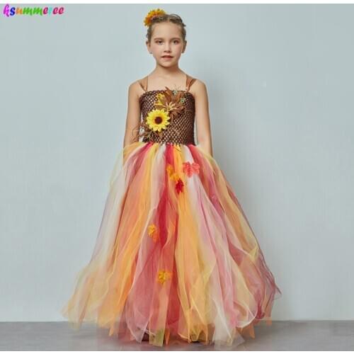 Girls Autumn Leaf Flower Tutu Dress Fairy Fall Princess Rustic Wedding Flower Kids Tulle Dress Girls Birthday Party Outfit